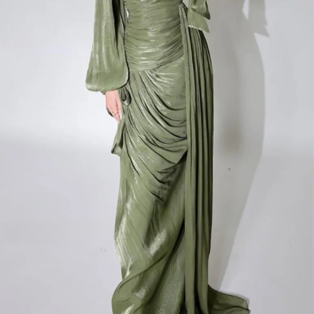 Modest Green Puff Sleeve Ruched Pleated Long Gown, Skirt