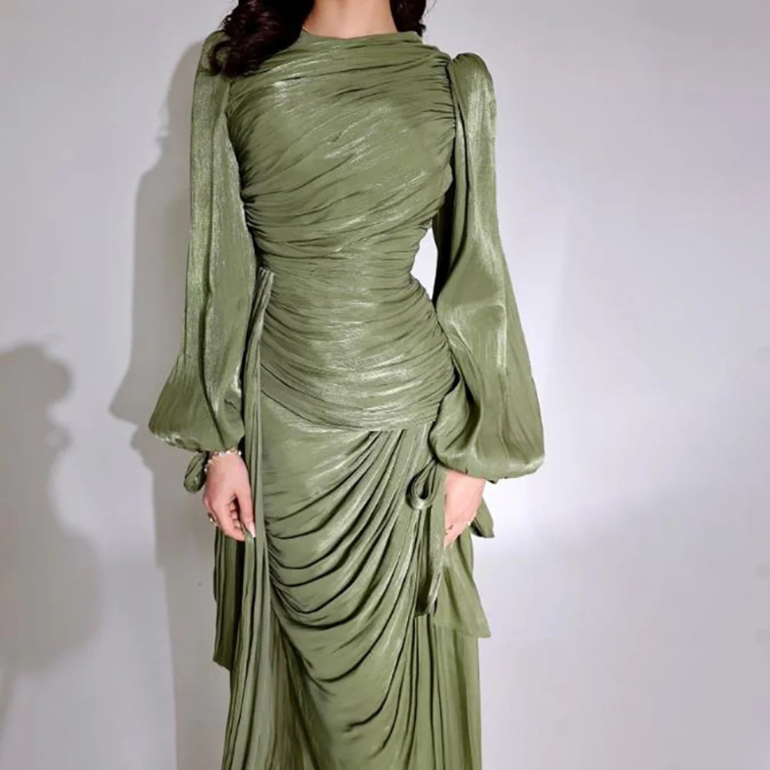 Modest Green Puff Sleeve Ruched Pleated Long Gown