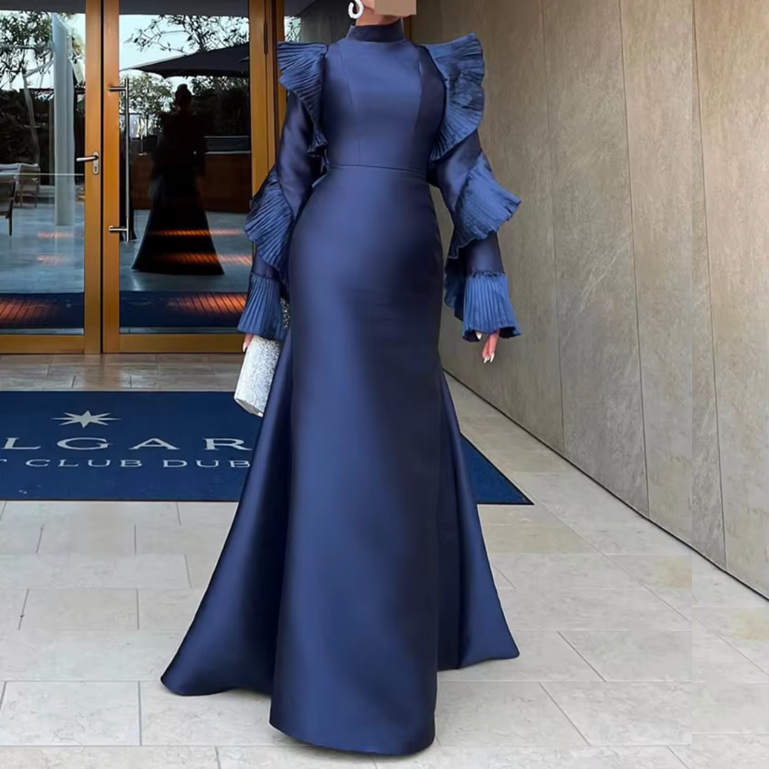 Navy Blue Modest Satin Ruffle Sleeves Mermaid Gown