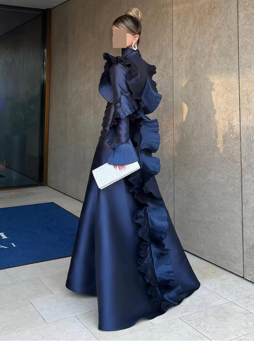 Navy Blue Modest Satin Ruffle Sleeves Mermaid Gown, Left