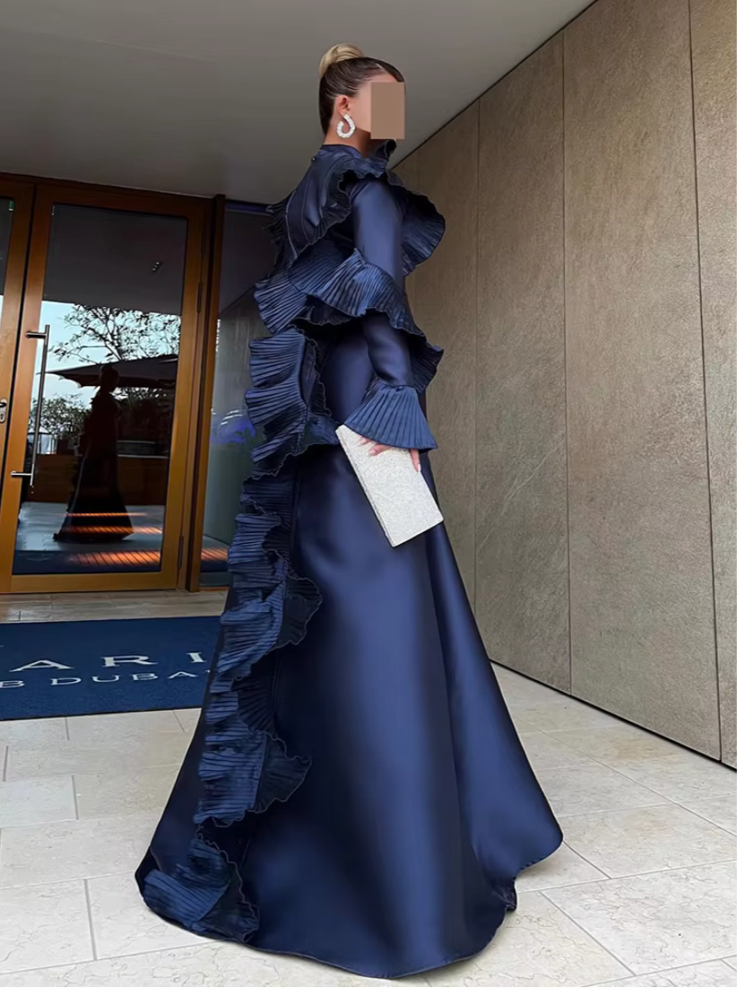 Navy Blue Modest Satin Ruffle Sleeves Mermaid Gown, Back Right