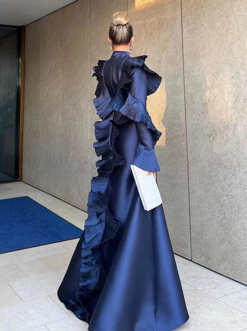 Navy Blue Modest Satin Ruffle Sleeves Mermaid Gown, Back Right