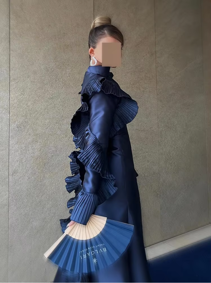Navy Blue Modest Satin Ruffle Sleeves Mermaid Gown, Left