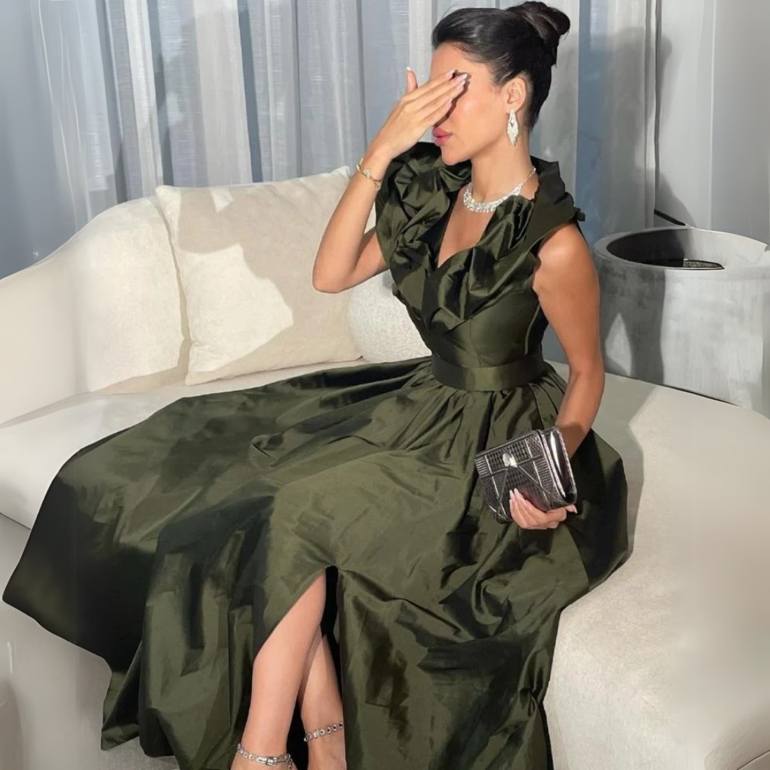 Olive Green Satin Ruffled Neckline Sleeveless A-Line Gown, Left