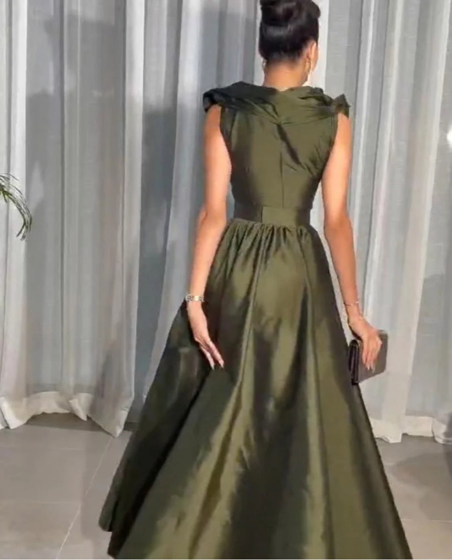 Olive Green Satin Ruffled Neckline Sleeveless A-Line Gown, Back