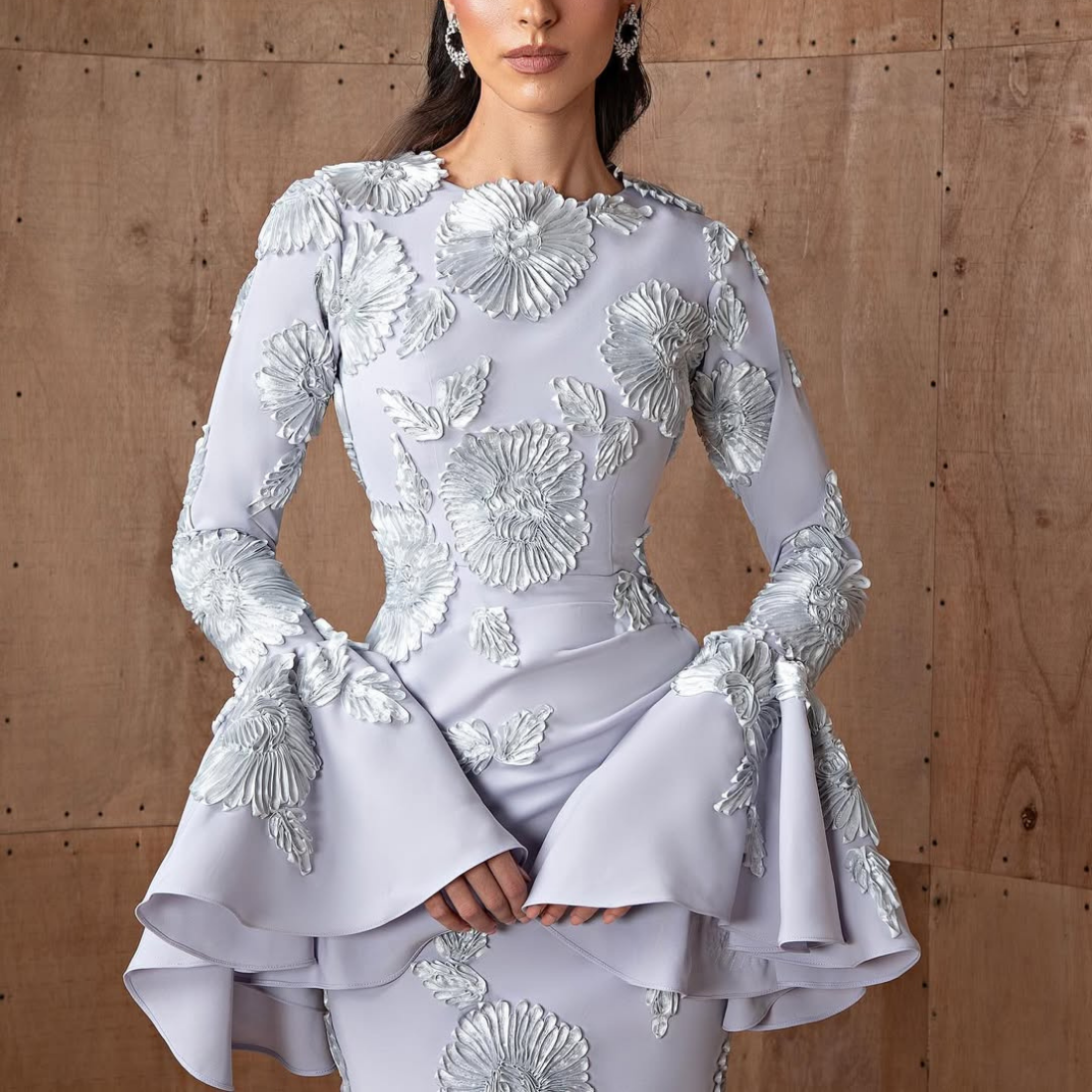 Pale Blue Floral Pattern Modest Flare Sleeves Mermaid Gown, Close Up