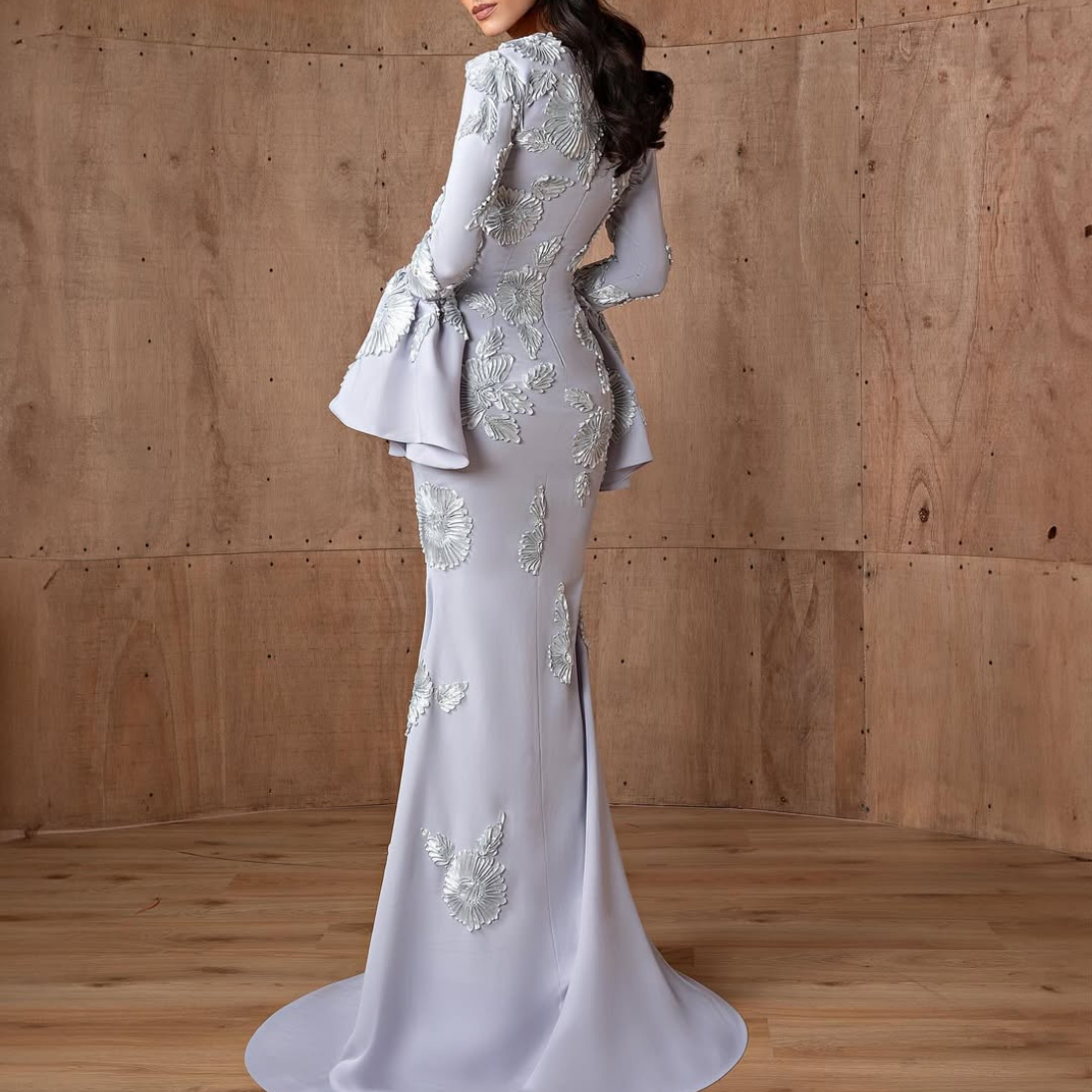 Pale Blue Floral Pattern Modest Flare Sleeves Mermaid Gown, Back