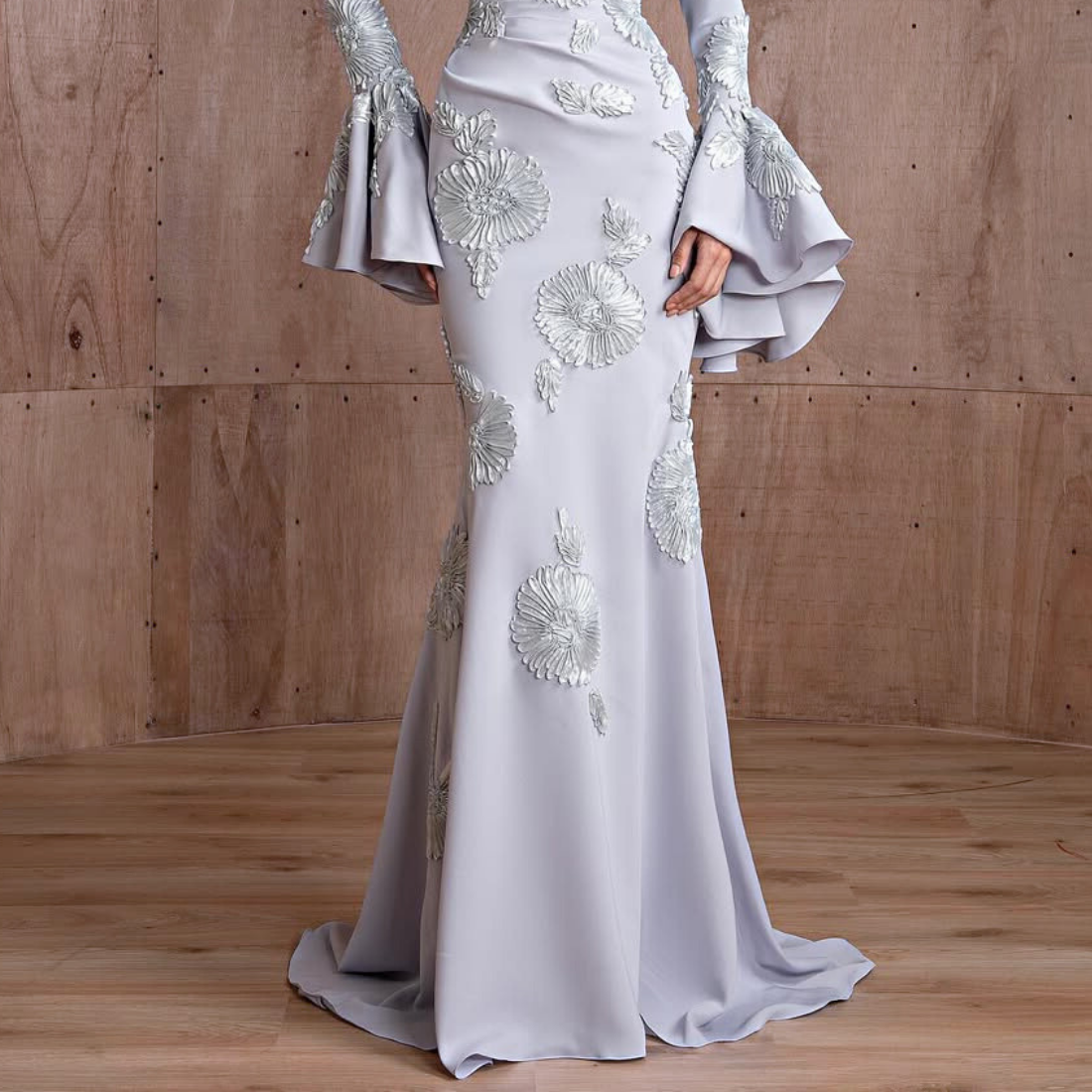 Pale Blue Floral Pattern Modest Flare Sleeves Mermaid Gown, Bottom