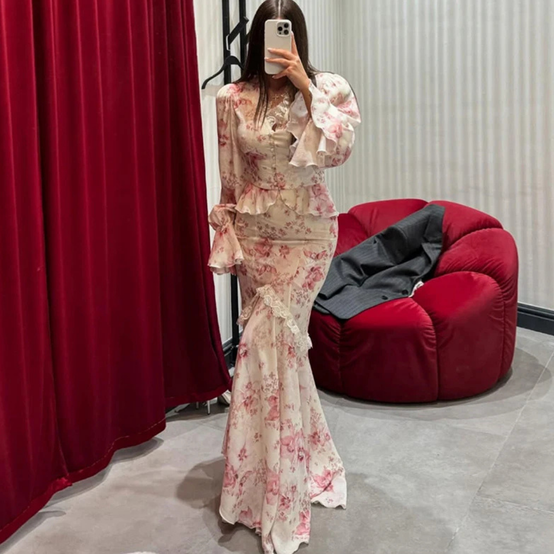 Pink Floral Puff Long Sleeves Ruched Mermaid Flare Dress, Front Full Body