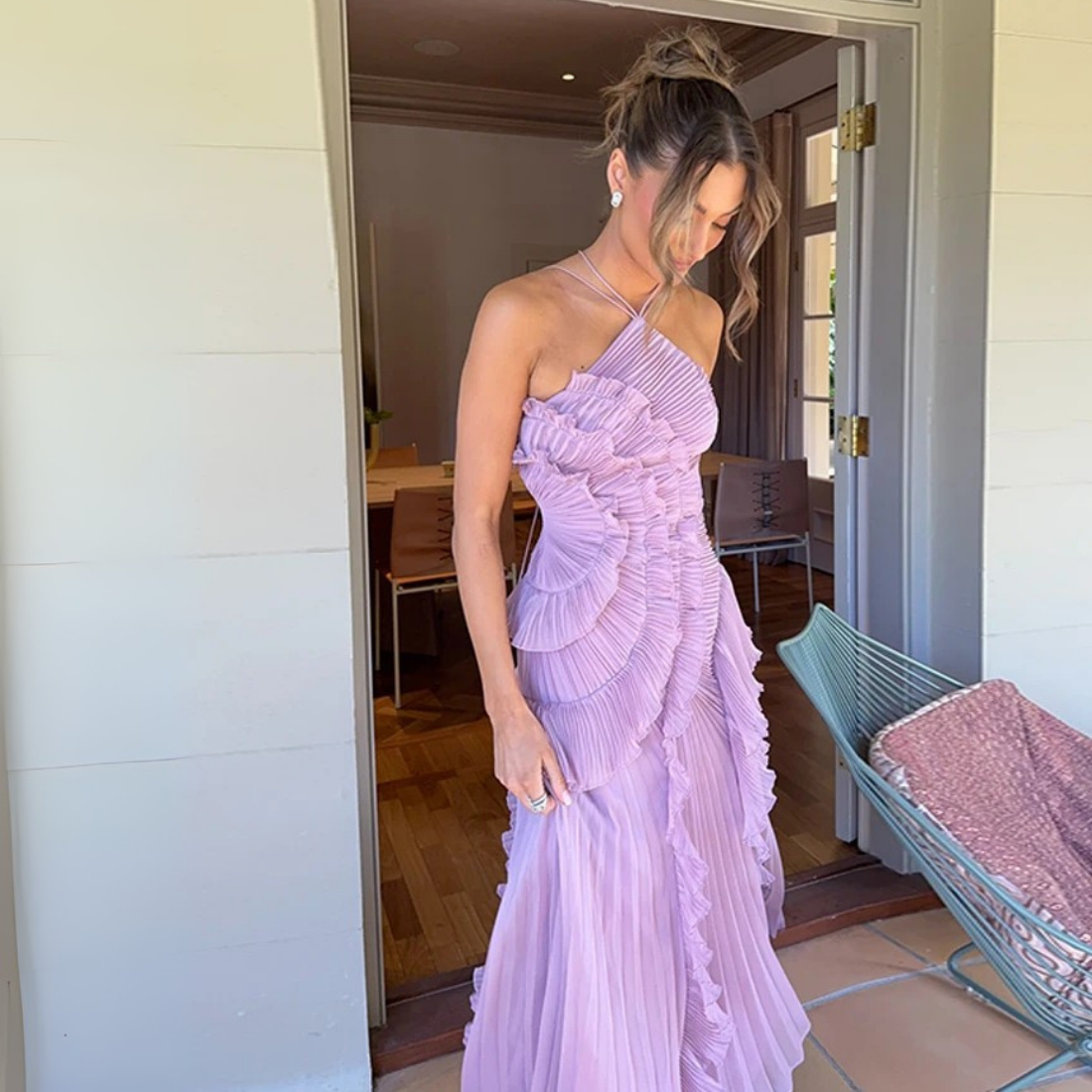 Purple Flower Layered Sleeveless Halter Neck Pleated Dress, Close Up