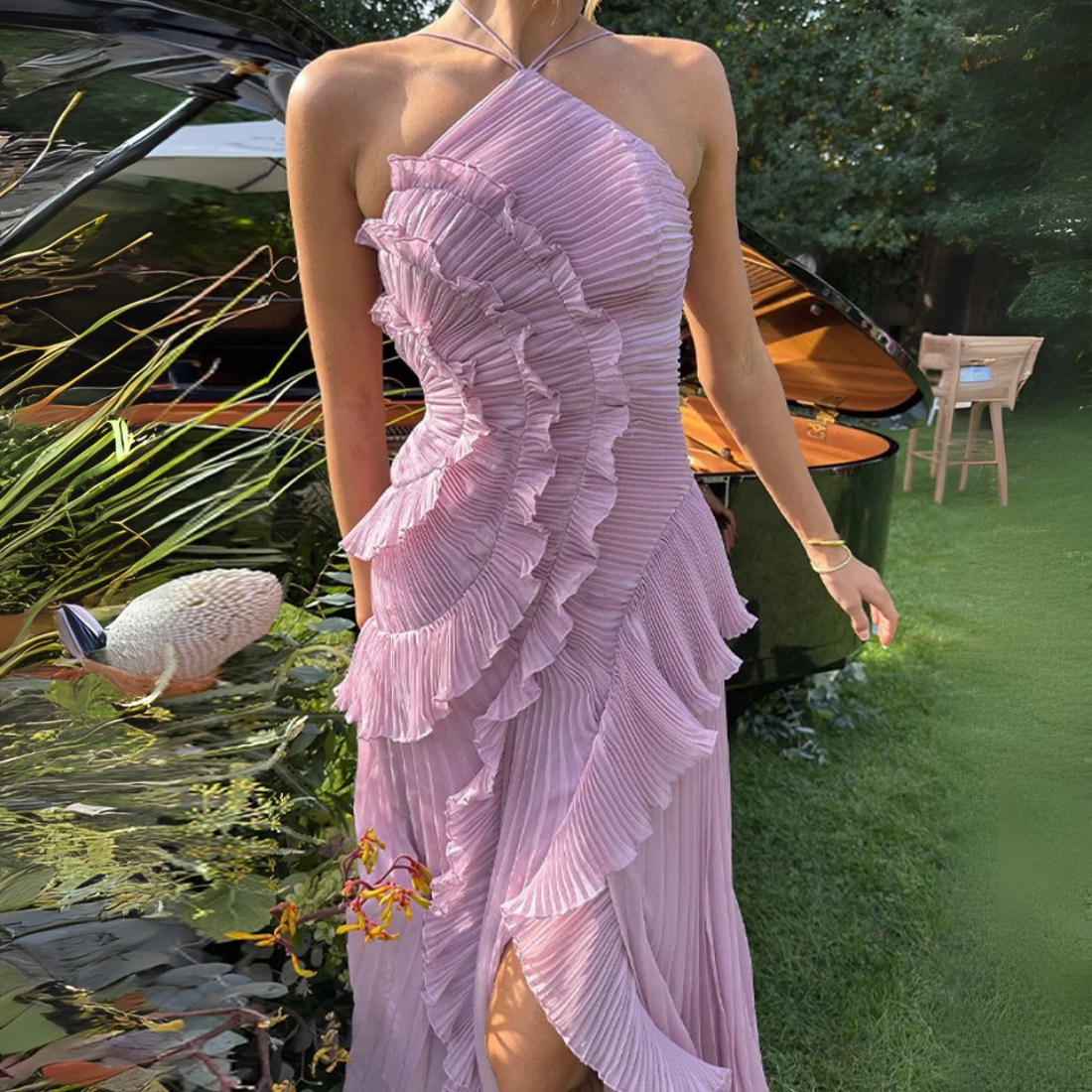 Purple Flower Layered Sleeveless Halter Neck Pleated Dress, Close Up
