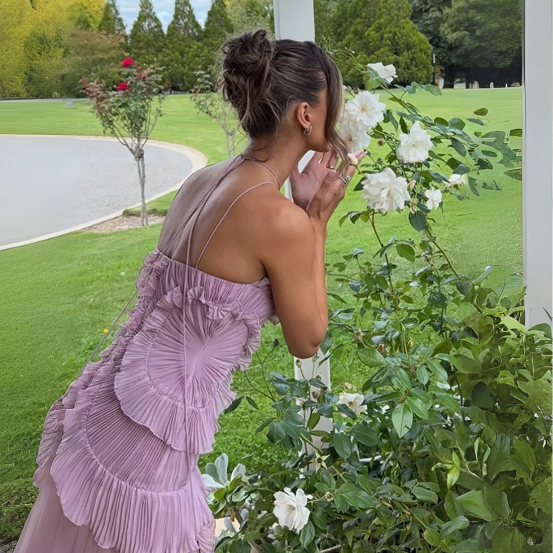 Purple Flower Layered Sleeveless Halter Neck Pleated Dress, Back