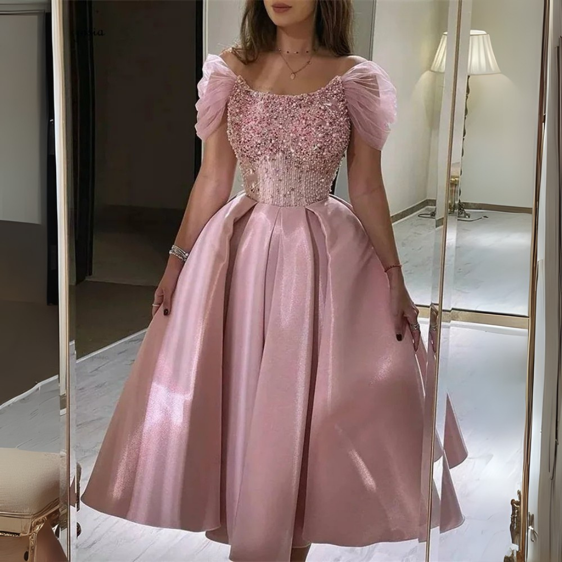 Pink Sparkly Embellished Off Shoulder Satin Midi Puff Dress, Full Shot