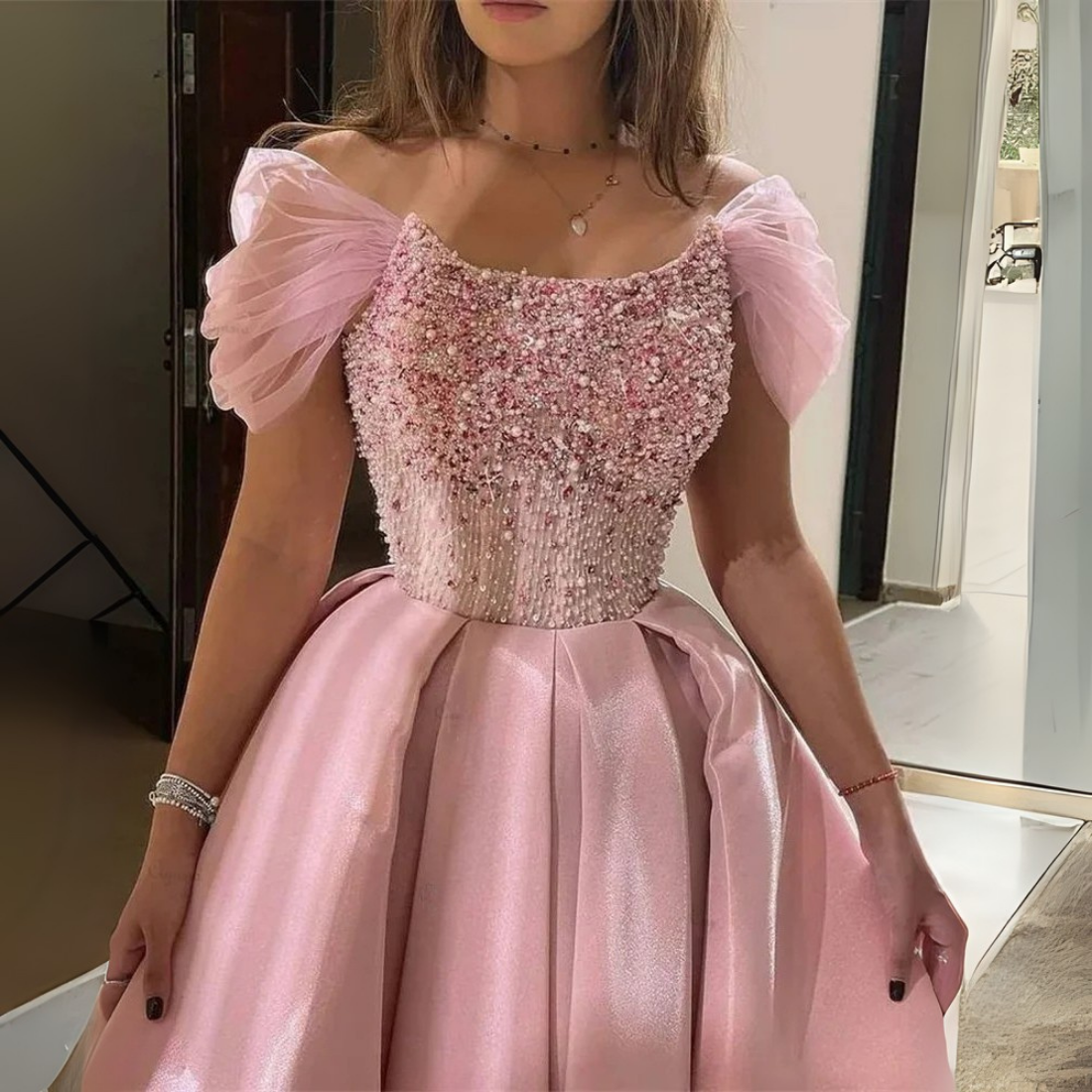 Pink Sparkly Embellished Off Shoulder Satin Midi Puff Dress, Close Up