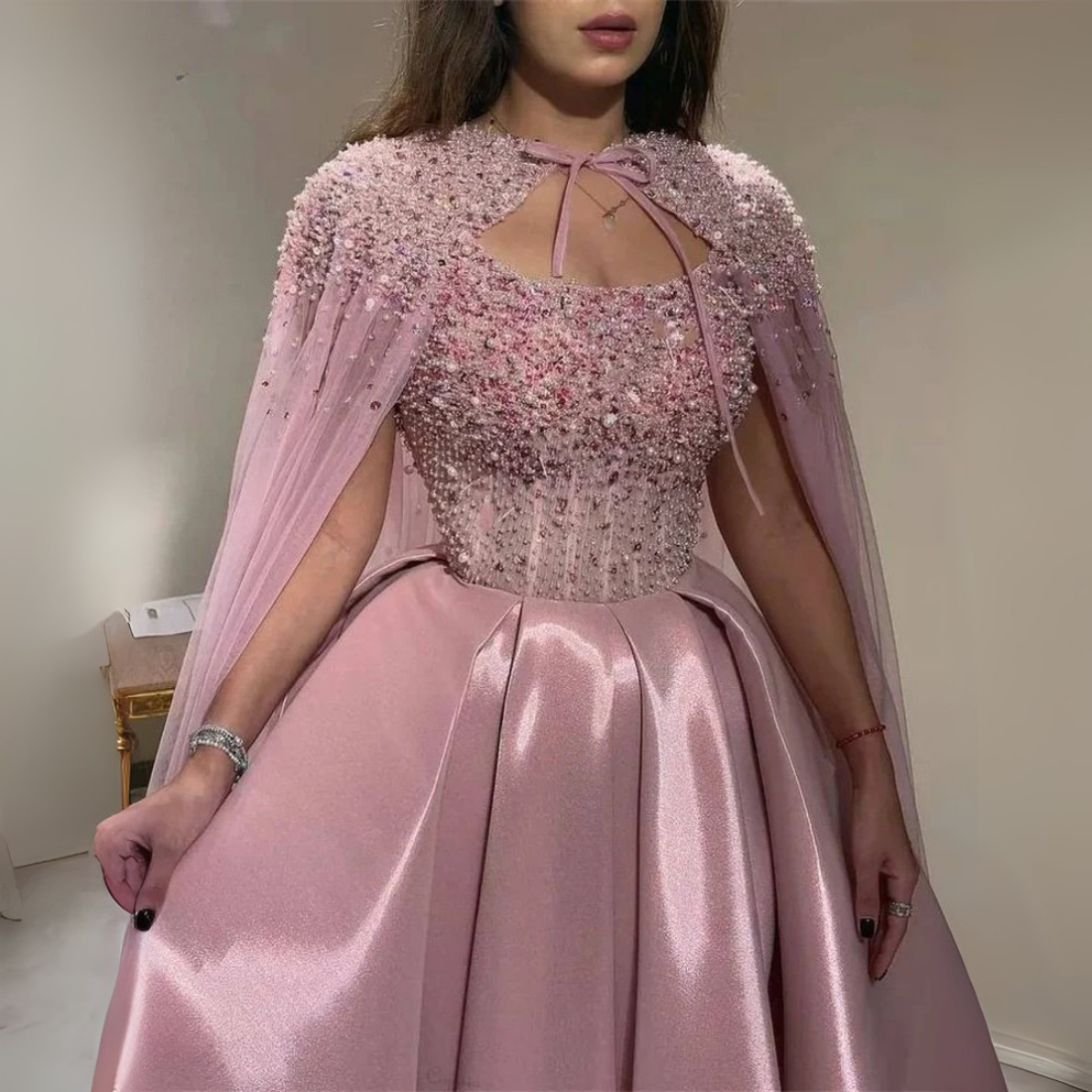 Pink Sparkly Embellished Off Shoulder Satin Midi Puff Dress, Close Up 2