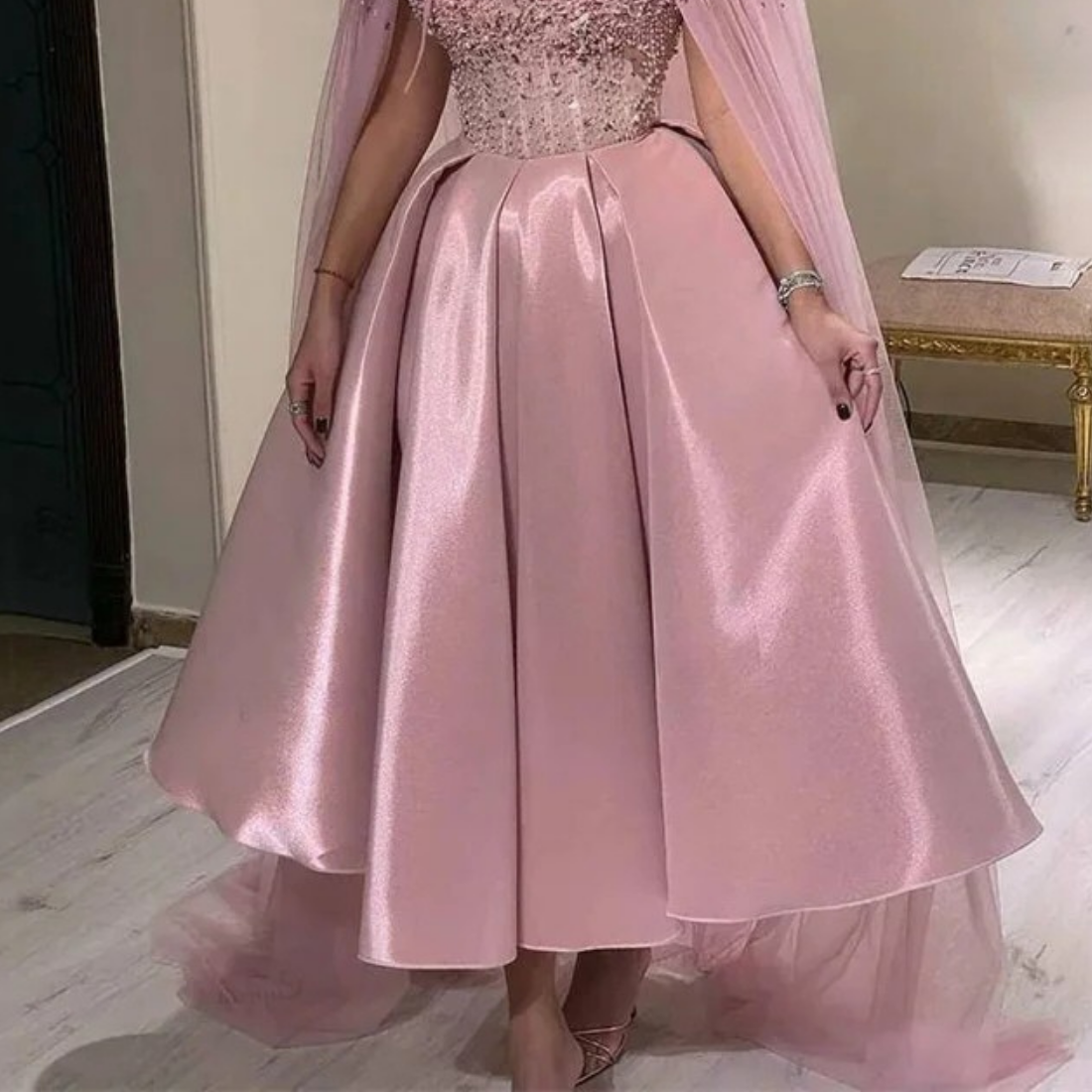 Pink Sparkly Embellished Off Shoulder Satin Midi Puff Dress, Skirt