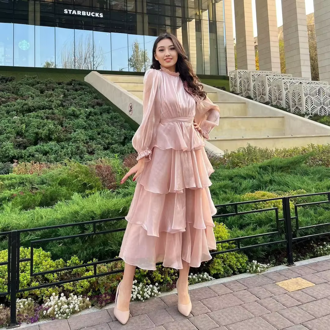 Pink Modest High Neck Ruffle Layered Party Dress, Left
