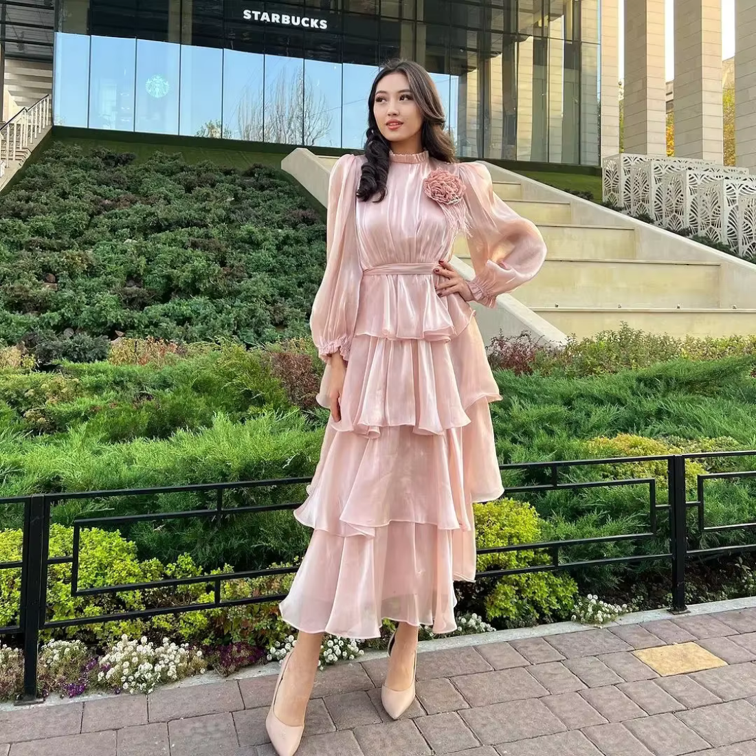 Pink Modest High Neck Ruffle Layered Party Dress, Right