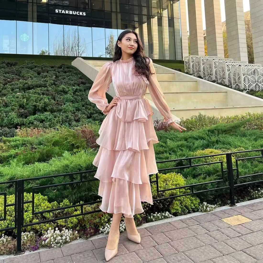 Pink Modest High Neck Ruffle Layered Party Dress, Full Body Shot
