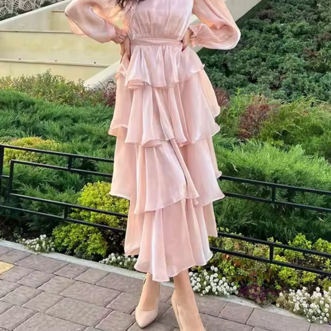 Pink Modest High Neck Ruffle Layered Party Dress, Skirt Closeup
