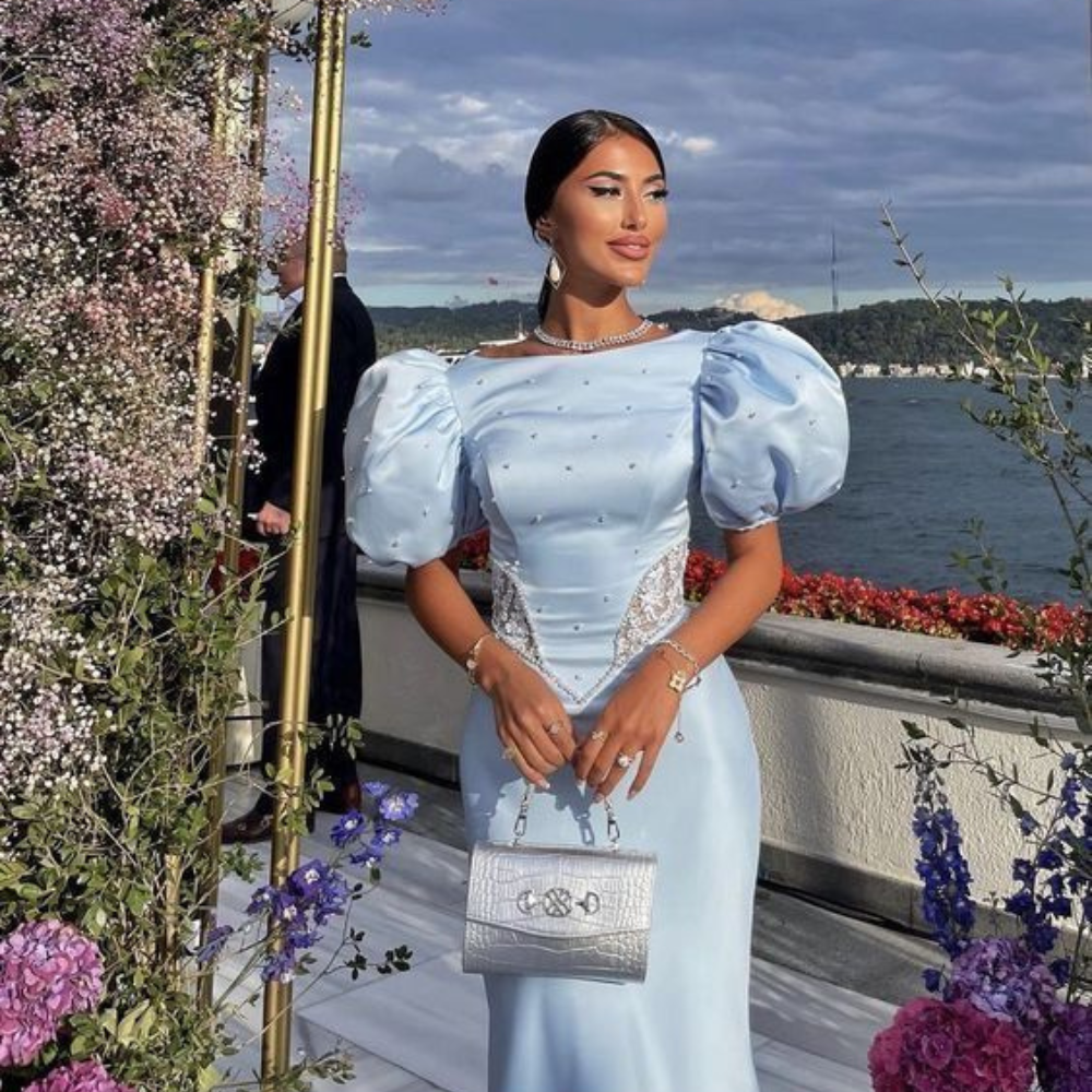 Sky Blue Satin Sequin Short Puff Sleeves Evening Dress, Close Up