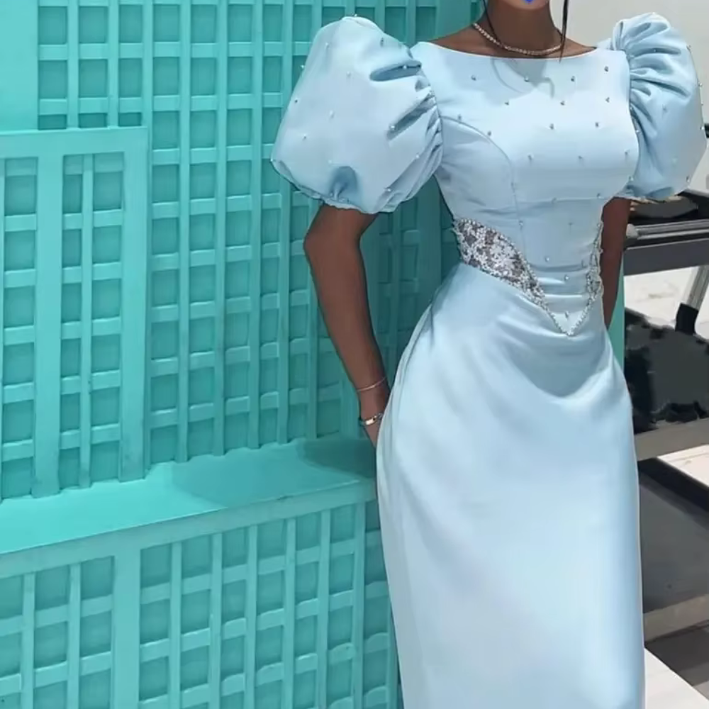 Sky Blue Satin Sequin Short Puff Sleeves Evening Dress, Close Up 2