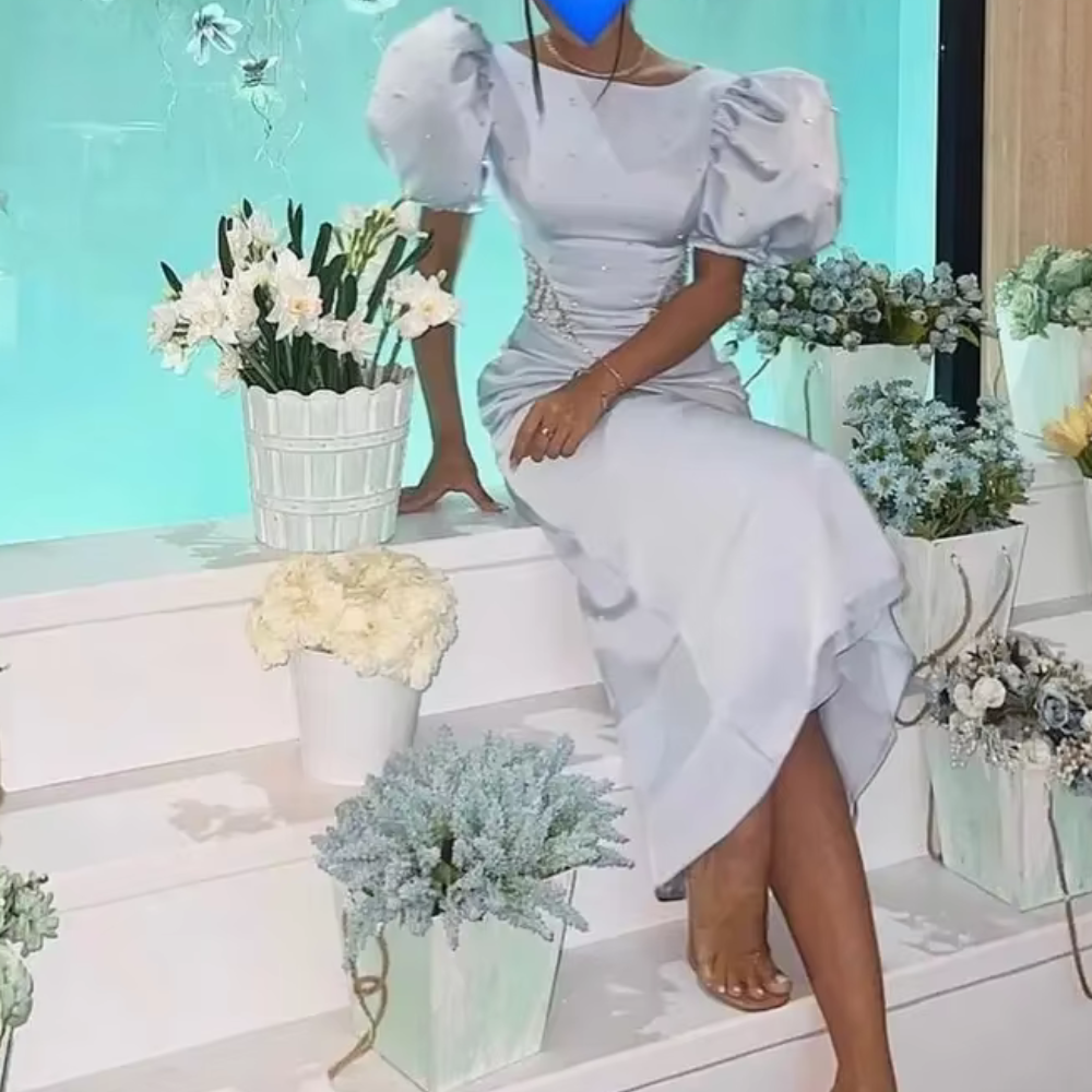 Sky Blue Satin Sequin Short Puff Sleeves Evening Dress, Close Up 3