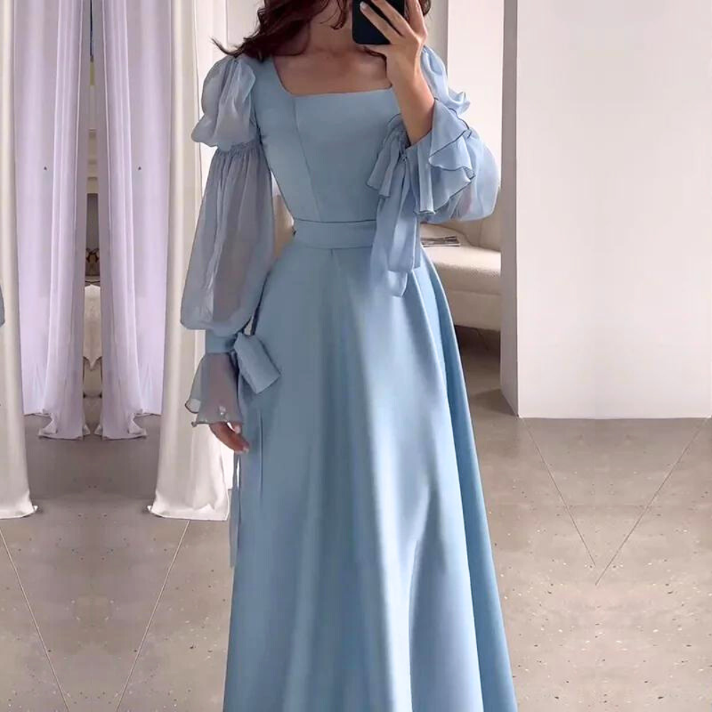 Light Blue Tiered Puff Sleeves Long Evening Dress Little Lala