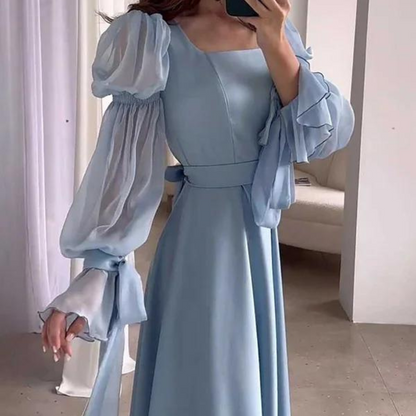 Light Blue Tiered Puff Sleeves Long Evening Dress, right