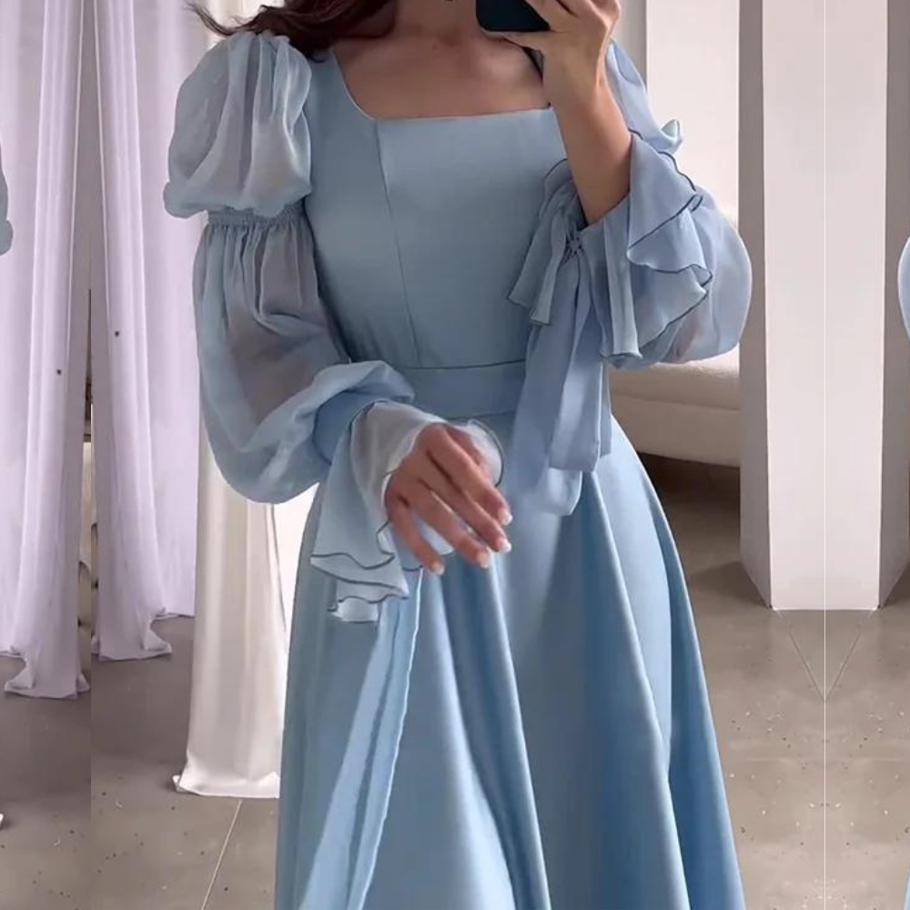 Light Blue Tiered Puff Sleeves Long Evening Dress, close up