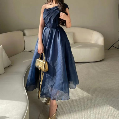 Vintage Navy Blue Tea-Length Prom Dress, Right Side