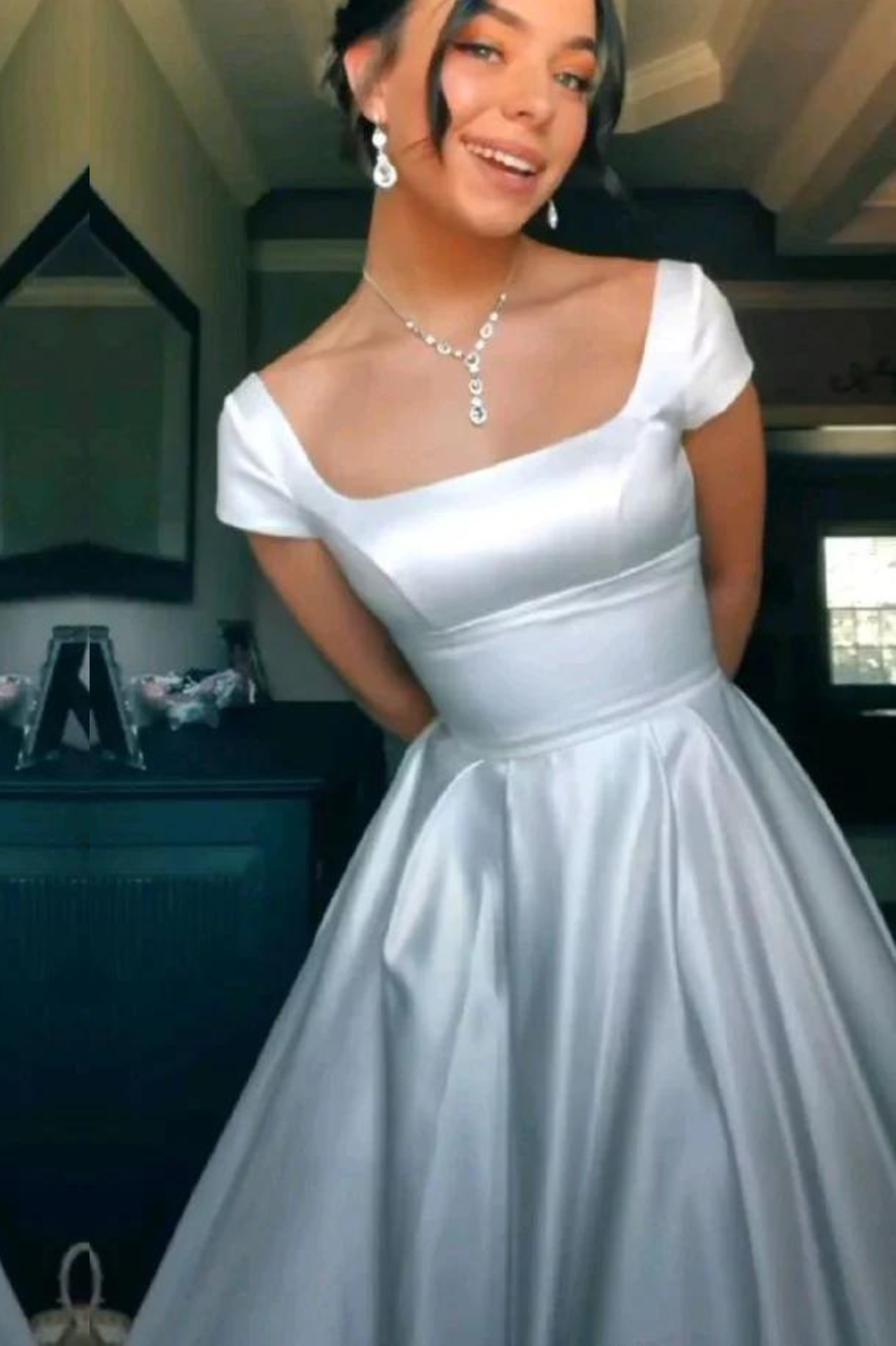 Elegant Satin White Cap Sleeves Gown, Close Up