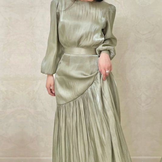 Light Sage Green Ruffle Modest Long Evening Dress, Front