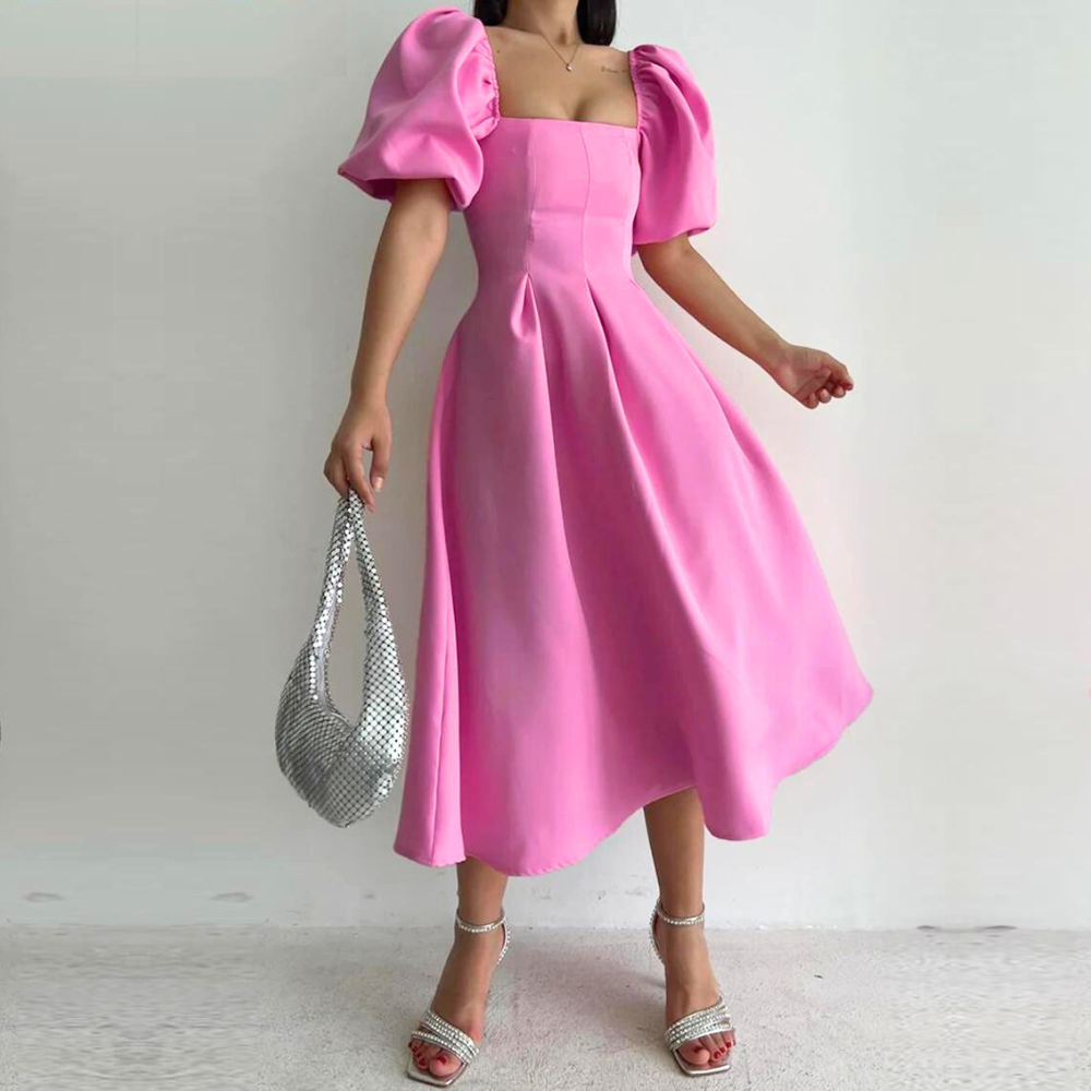 Sweet Pink Square Neck Midi Summer Dress, Front 2