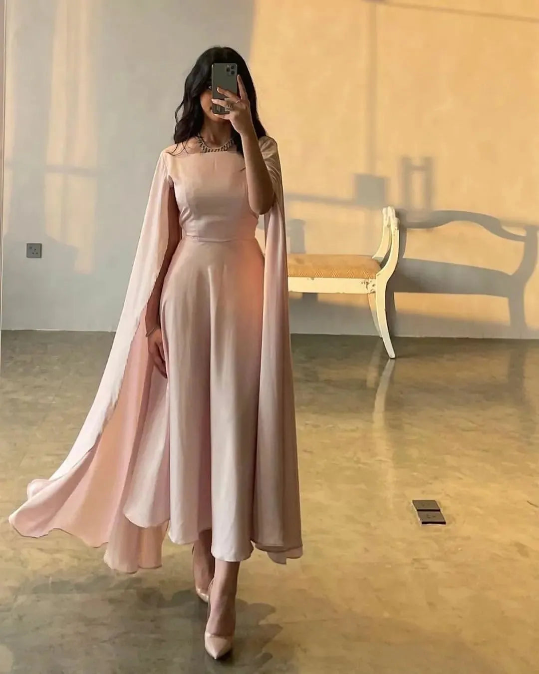 Blush Pink Satin Elegant Modest Evening Dress