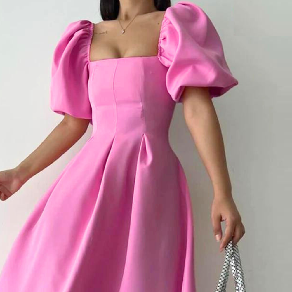 Sweet Pink Square Neck Midi Summer Dress, Closeup 2