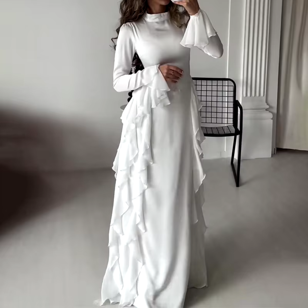 White Ruffle Long Sleeves Evening Dress, Back