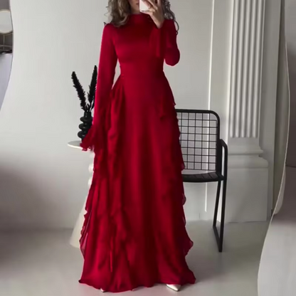 Red Ruffle Long Sleeves Evening Dress