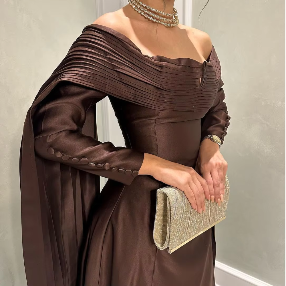 Dubai Brown Off Shoulder Satin Evening Dress, Front