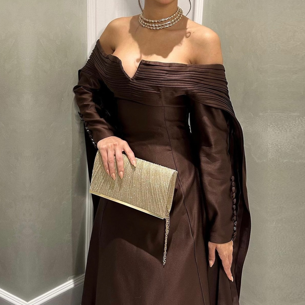 Dubai Brown Off Shoulder Satin Evening Dress, Left