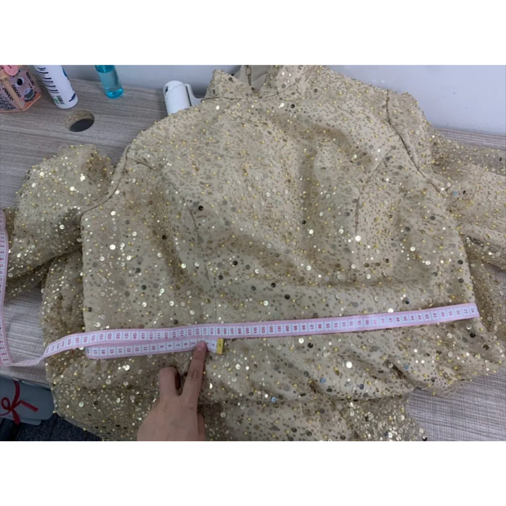 Dubai Elegant Beige Sequined Evening Dress, Modest, Real Photo