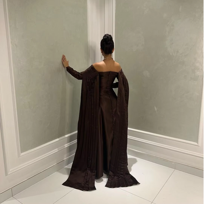 Dubai Brown Off Shoulder Satin Evening Dress, Back