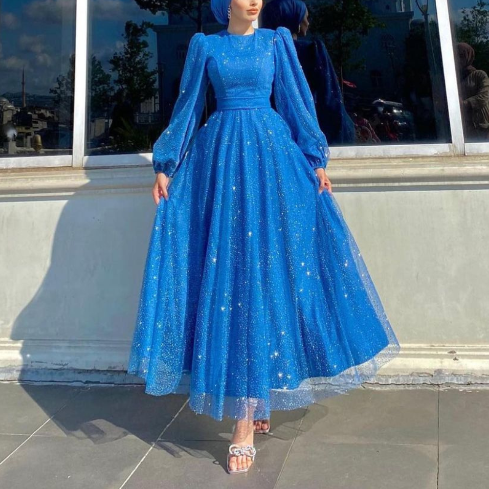 Dubai Modest Elegant Blue Glitter Evening Gown, Front Long Shot