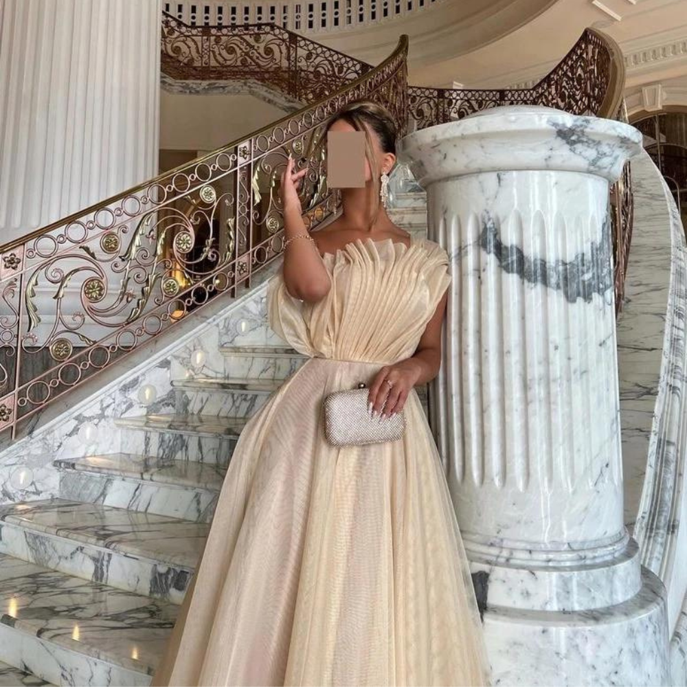 Elegant Ivory Beige Ruffle Evening Gown, Close Up