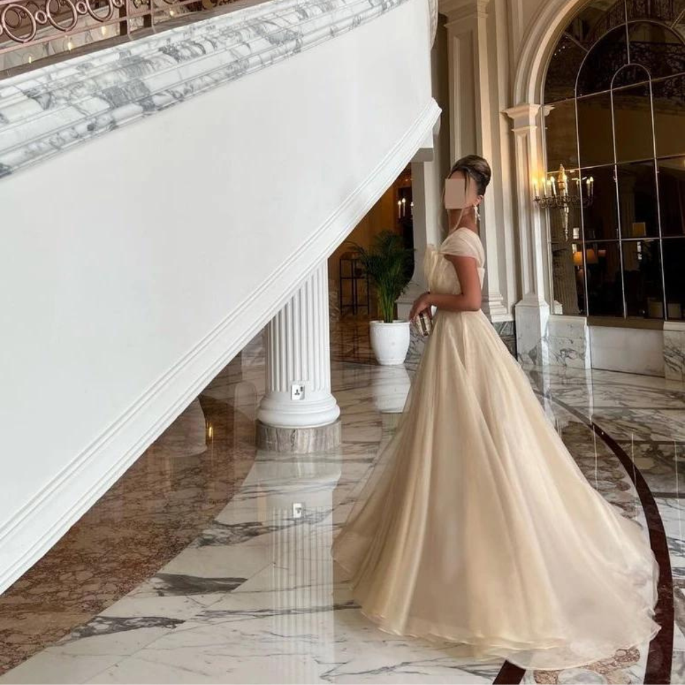 Elegant Ivory Beige Ruffle Evening Gown, Left Side