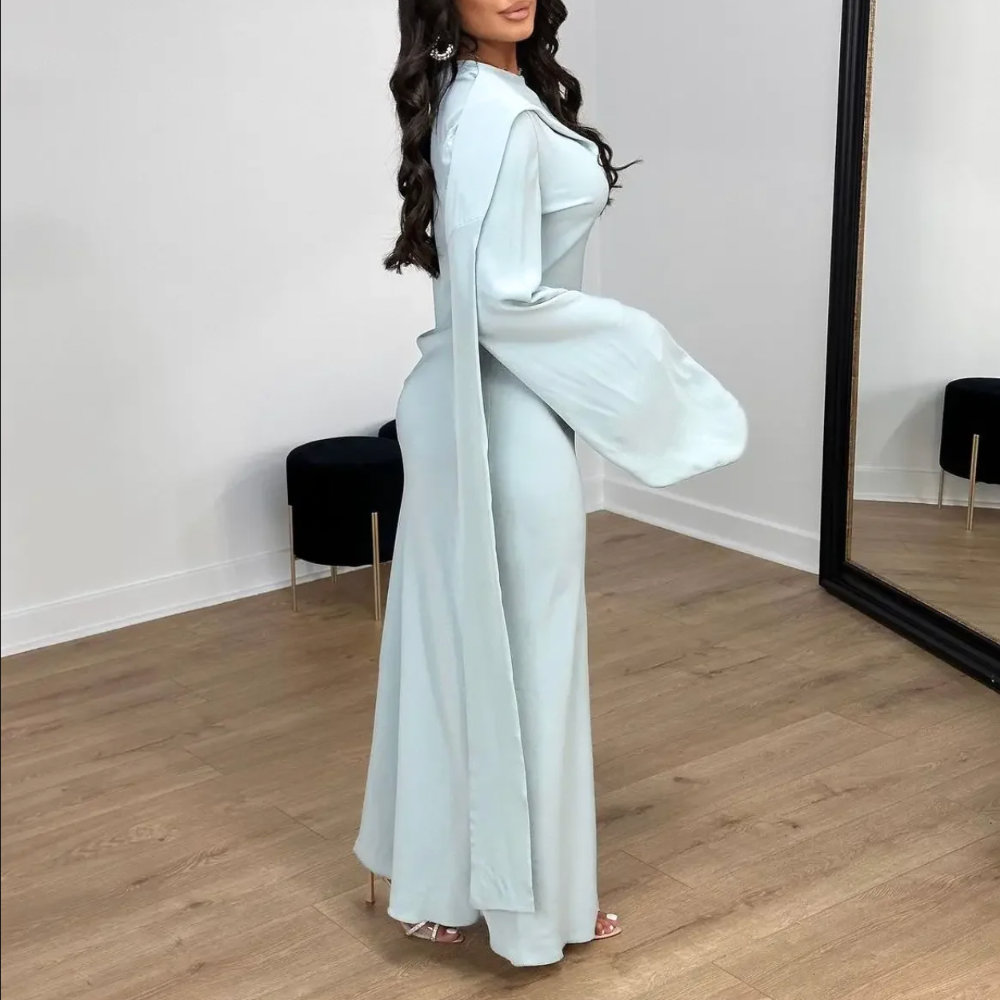 Mint Green Modest Drape Long Evening Dress, right