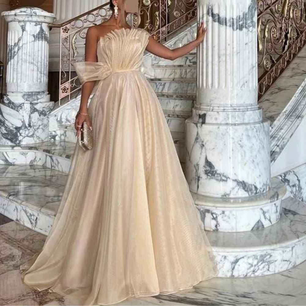 Elegant Ivory Beige Ruffle Evening Gown, Shot 4