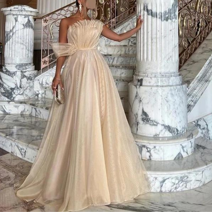 Elegant Ivory Beige Ruffle Evening Gown, Shot 4