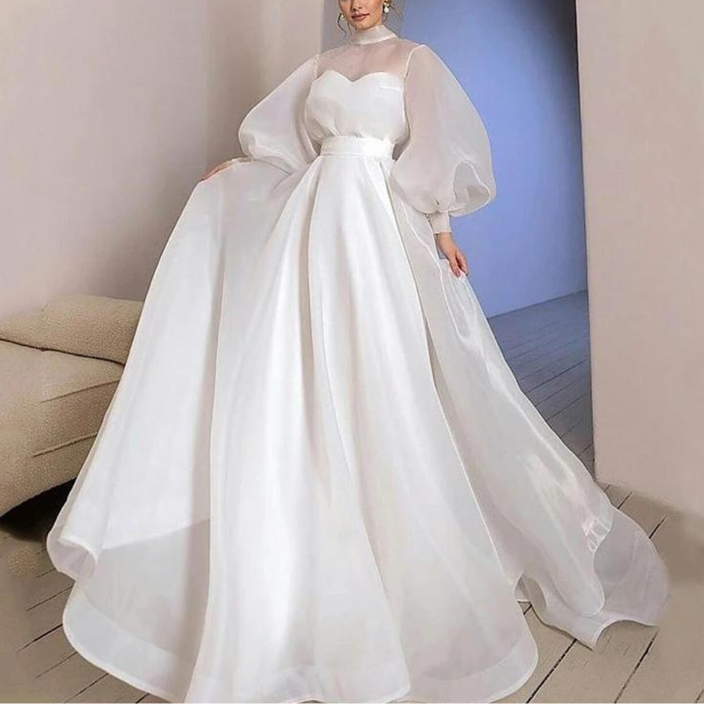 Elegant Organza White Modest Bridal Gown, Front