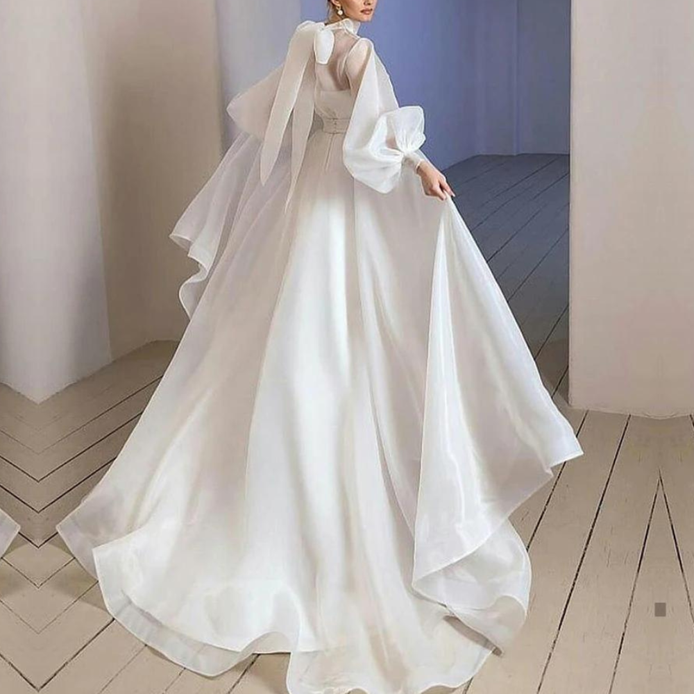 Elegant Organza White Modest Bridal Gown, Back